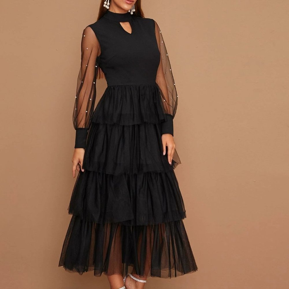 Black Preppy Womens Beaded Sheer Sleeve Layered Mesh Hem Peekaboo Dress - Picture 5 of 5